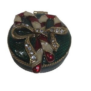 VTG Monet Magnetic Trinket Jewelry Pill Box Candy Cane Rhinestones Christmas